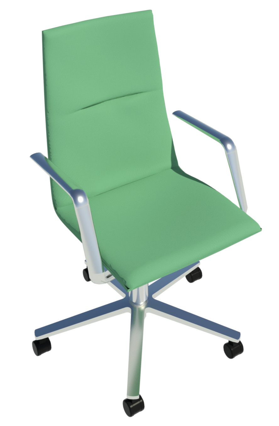 Revit render showing Sola chair with Oceanic 51/04 (bright green) upholstery and high luster frame.